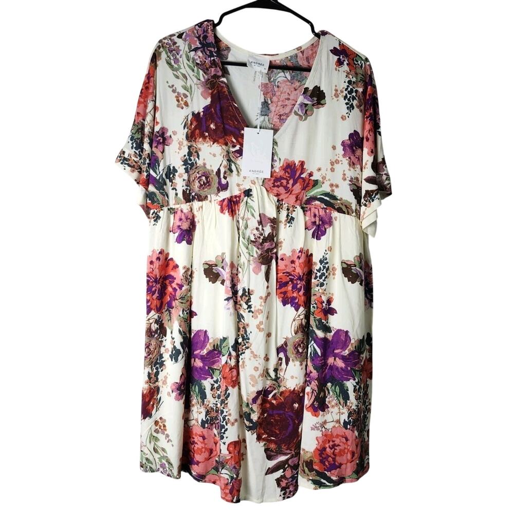 ANDREE BY UNIT Tunic Dress Size Medium Cream Floral‎ Babydoll Short Sleeve